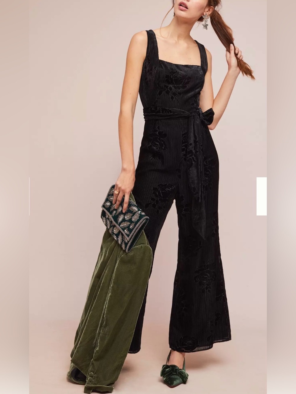 Anthropologie Black Floral Velvet Burnout Jumpsuit Formal Dark Romantic Wedding